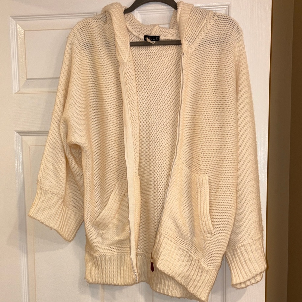 VENUS Cream Hooded Open-Front Knit Cardigan